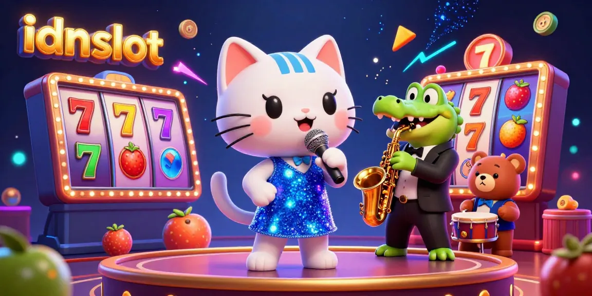 Engage with the vibrant world of idnslot as a jazz-singer cat performs on a casino stage surrounded by slot game elements.