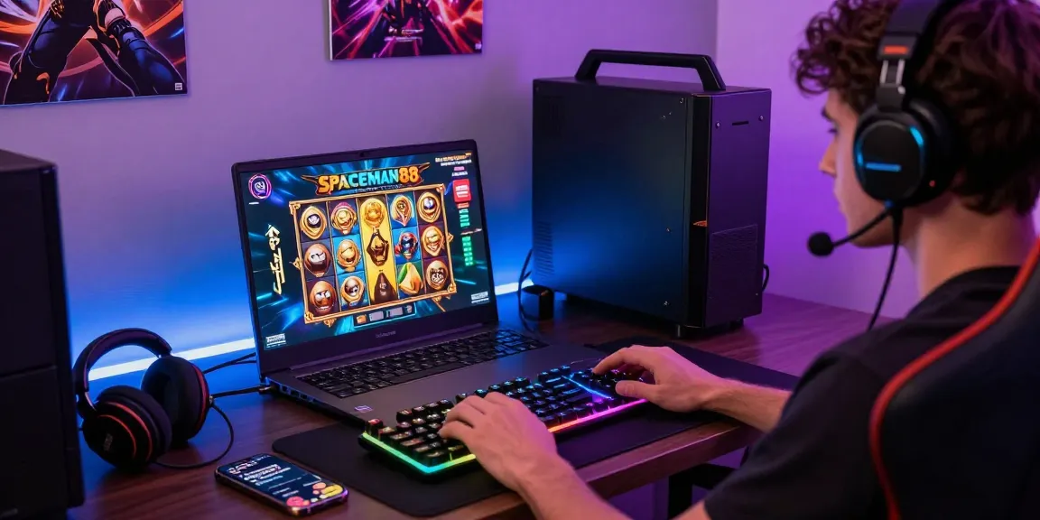 Player enjoying the Spaceman88 game on a stylish gaming laptop with modern tech gadgets, energetic atmosphere.