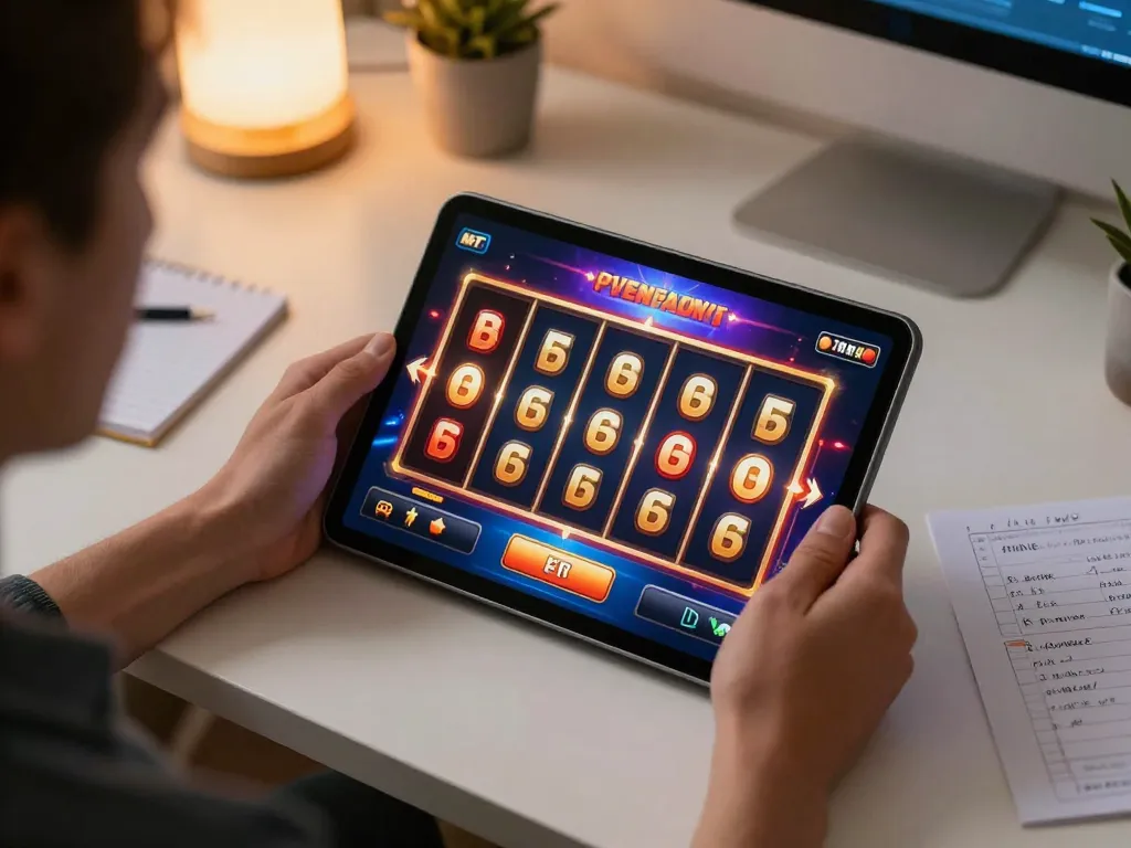 Engaging in online gaming with slot server jepang, vibrant reels spinning on a tablet in a cozy home office.