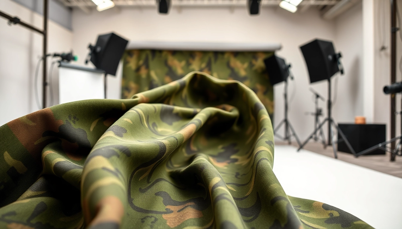 Bekijk de army print katoen stof met unieke patronen en texturen.