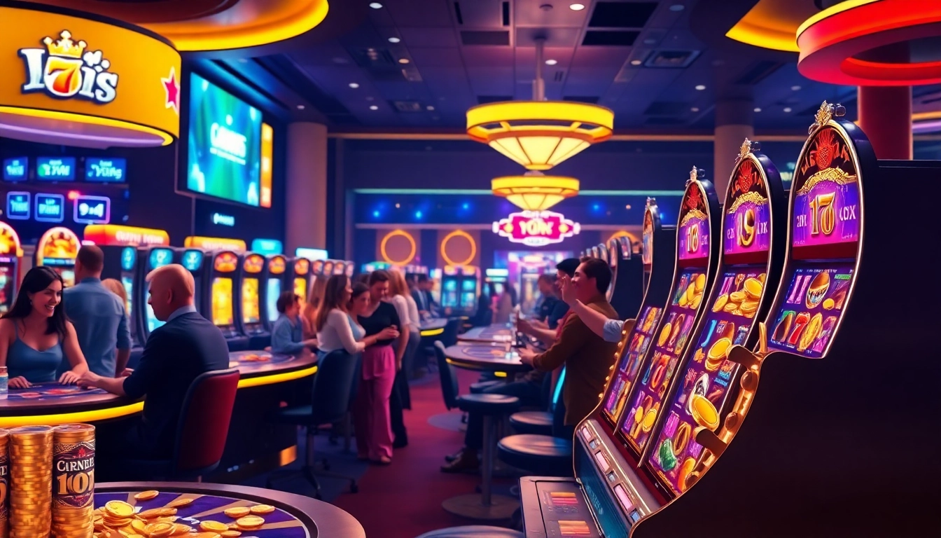 Excited players celebrating at the Best payout online casino Uk scene with colorful lights.