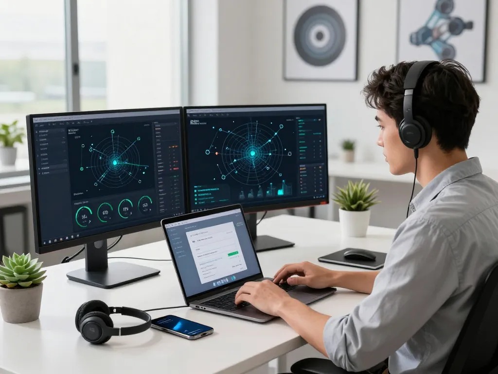 快连 software in action within a modern workspace, showcasing network analytics and productivity.
