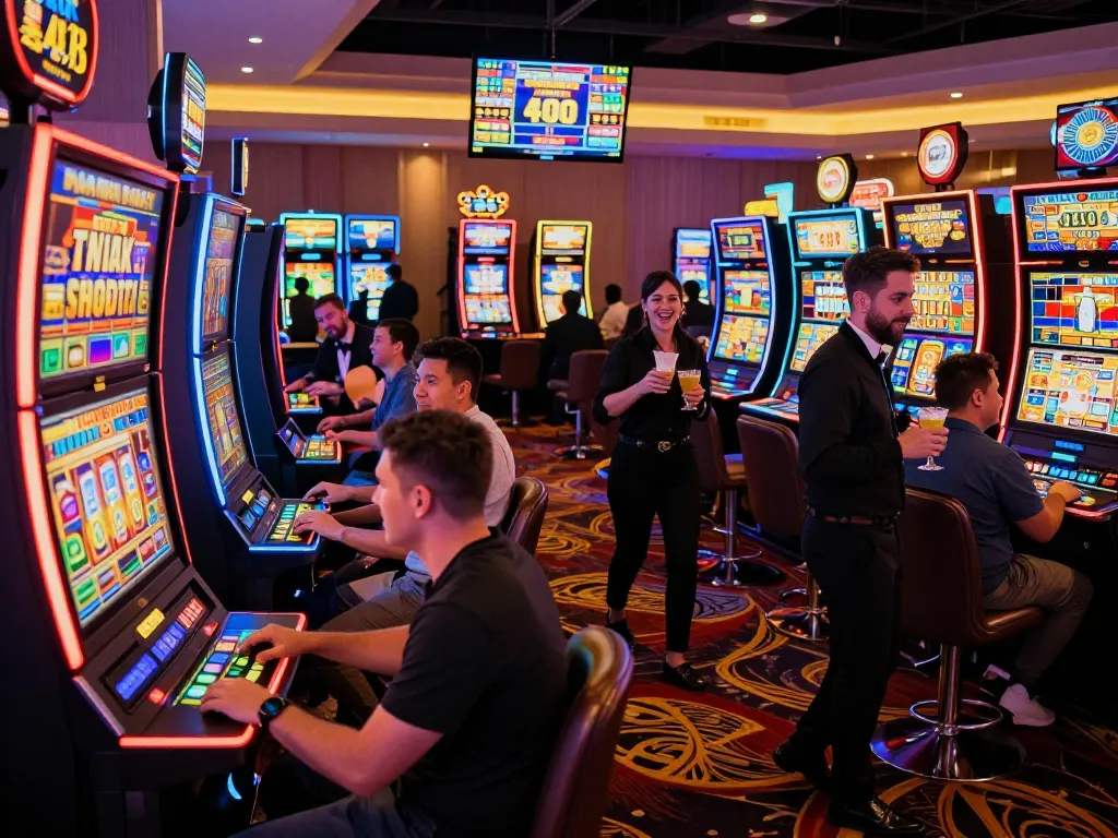 Casino gaming floor bustling with players enjoying link slot machines amid colorful lights and excitement