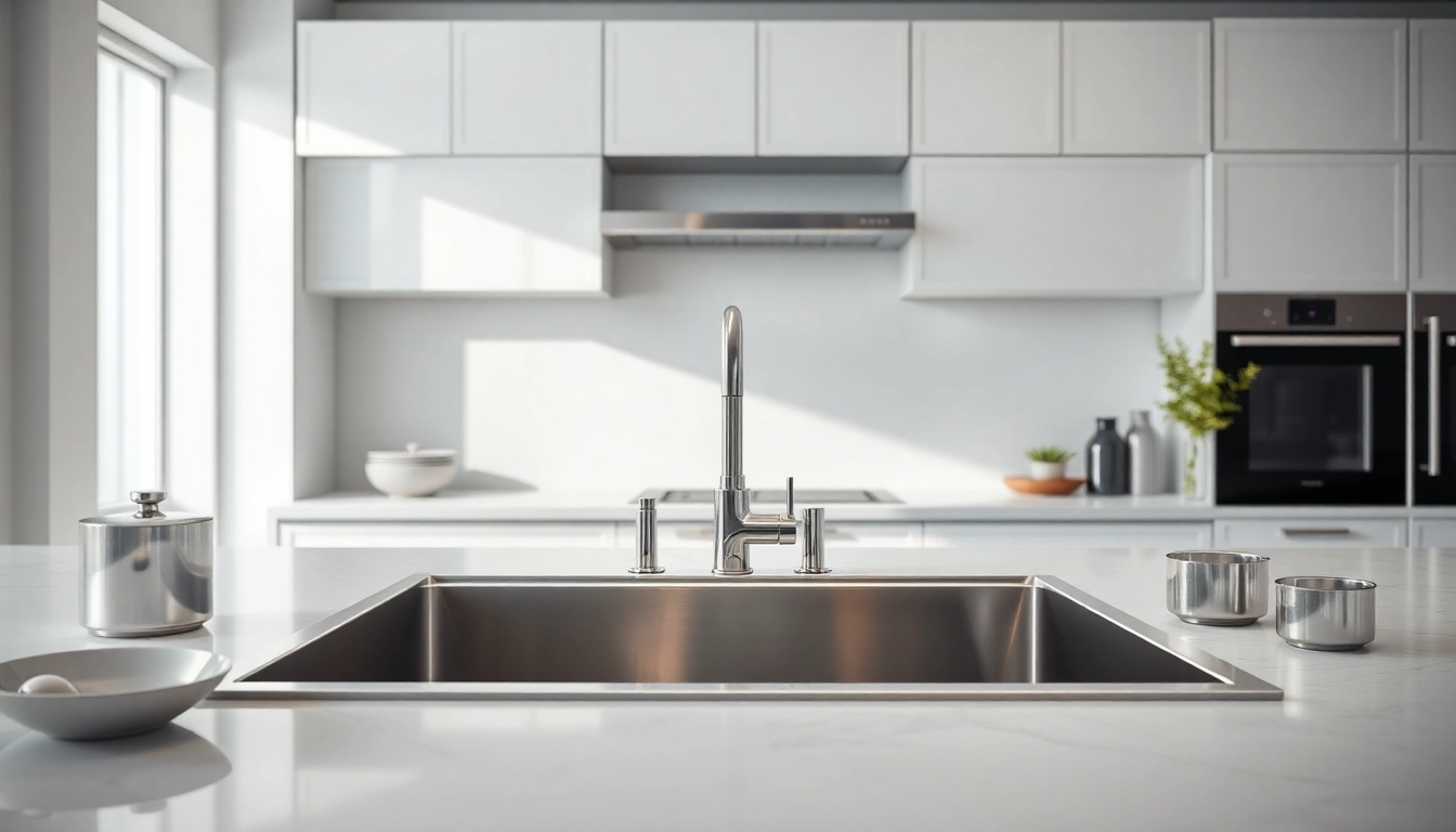 See a modern kitchen sink in stainless steel with bright lighting and elegant kitchenware.