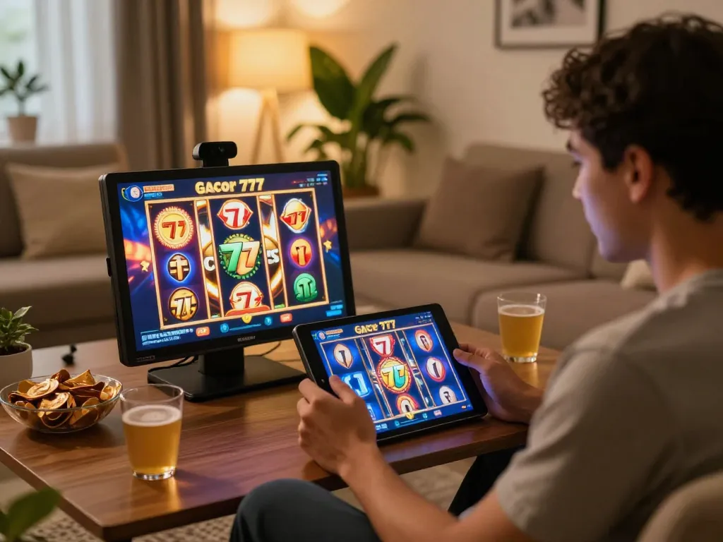 Engaged player enjoying a slot gacor 777 session on a tablet in a cozy living room.