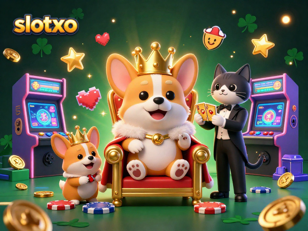 เล่นเกมสล็อต slotxo บนสนามที่เต็มไปด้วยการ์ตูนคอร์กี้ในบรรยากาศคาสิโนสุดอลังการ