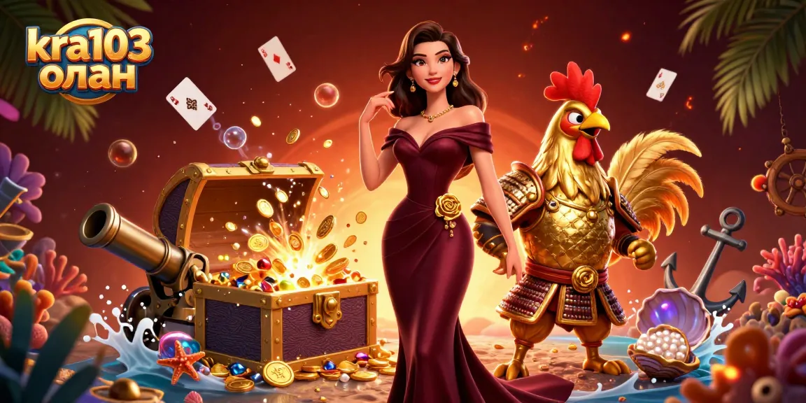 Experience excitement with kra103 онлайн as a glamorous woman and a golden rooster warrior celebrate big wins amidst treasure and cards.