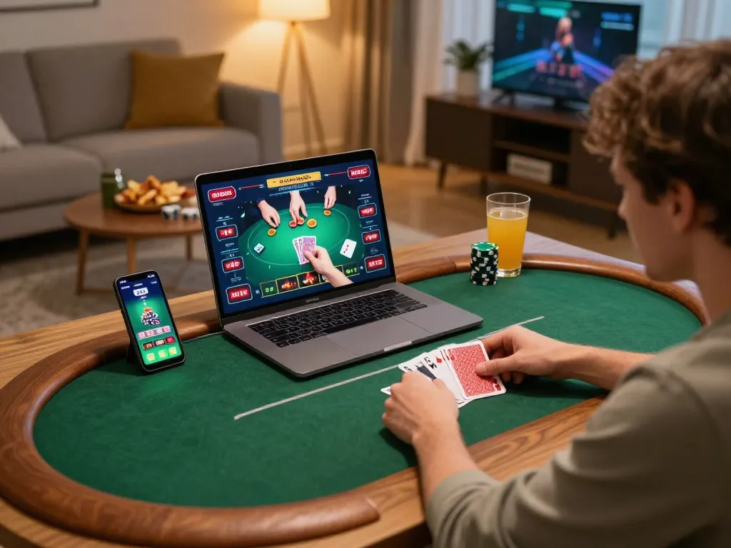 FAFA828 user engaging in poker gameplay on laptop while enjoying a cozy home setting