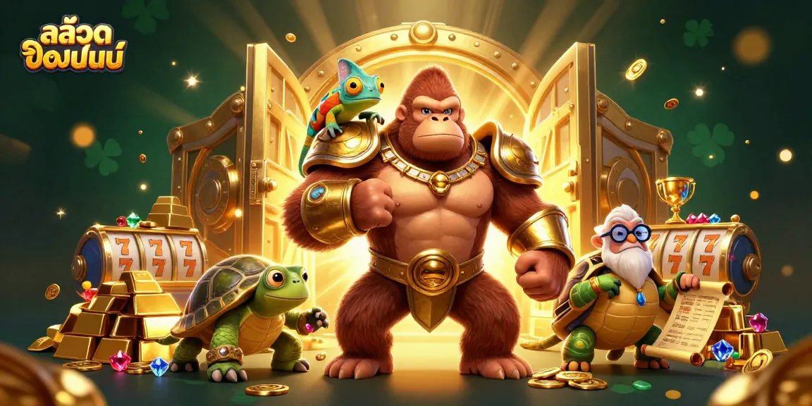 Engage in thrilling สล็อตออนไลน์ adventure with a gorilla king, chameleon spy, and tortoise elder among treasures and slot symbols.