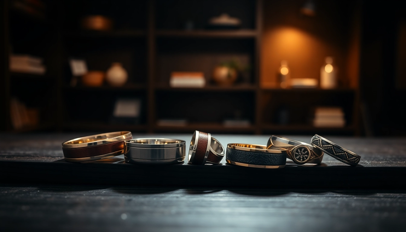 Showcase of unique wedding bands for men featuring diverse designs and materials.