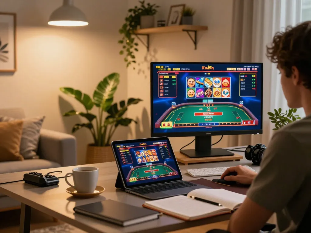 Engaging in สล็อตวอเลท gaming on a tablet in a cozy home office.