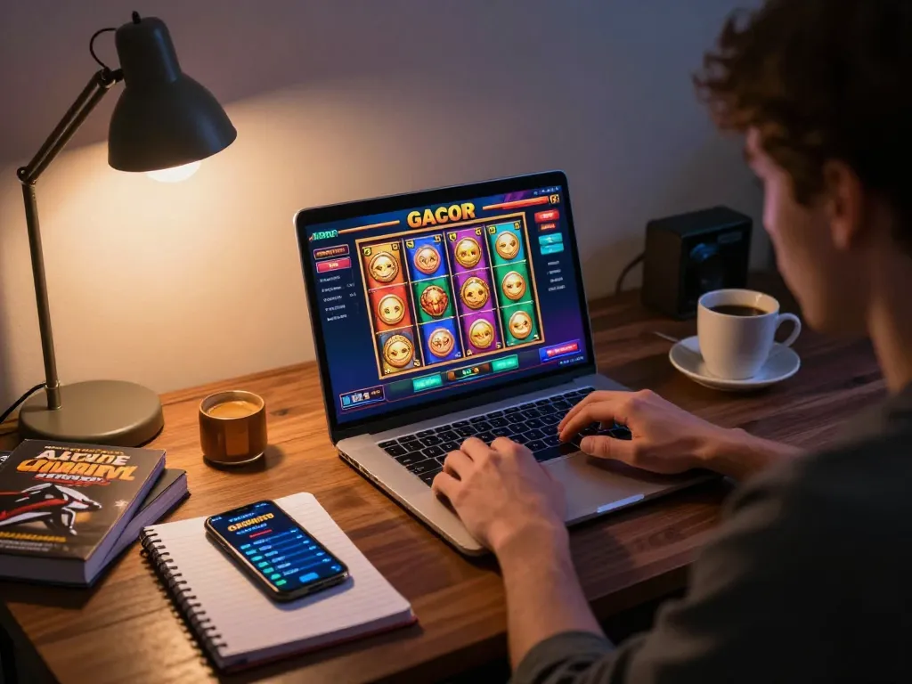 Engaging in a slot gacor game on a laptop, showcasing vibrant slot interface and strategic gaming atmosphere.