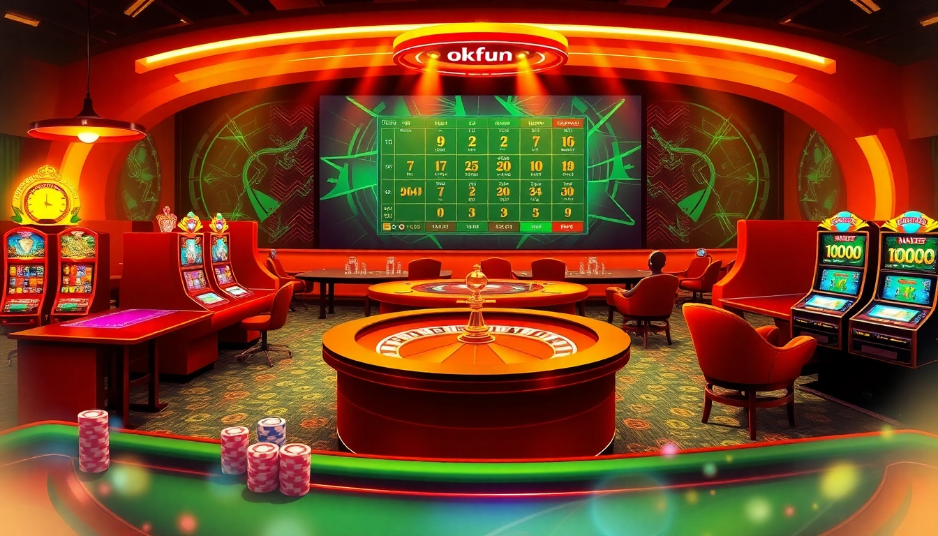 Engage in thrilling gameplay at okfun casino with vibrant slots, elegant tables, and colorful poker chips.