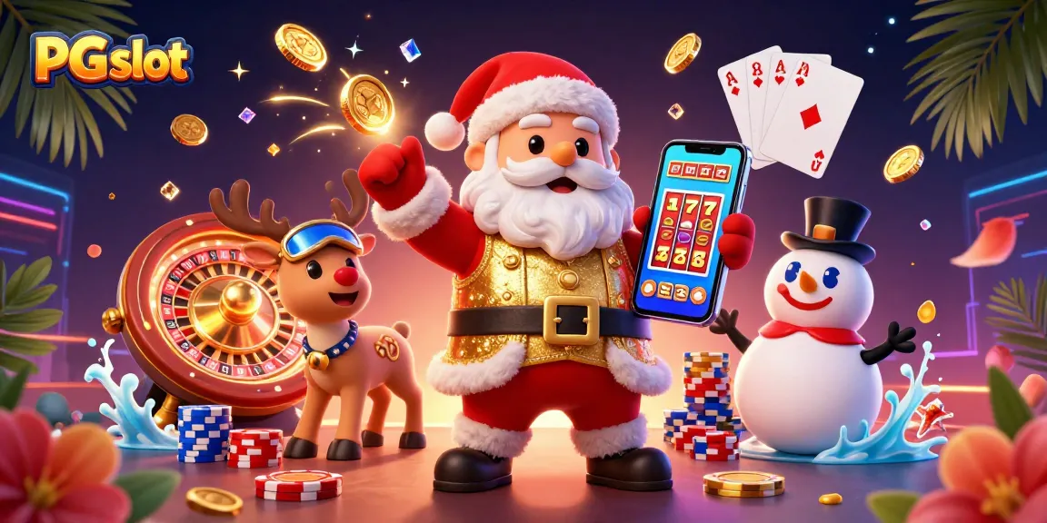 Experience the excitement of PG slot with Santa and friends amidst vibrant casino elements.