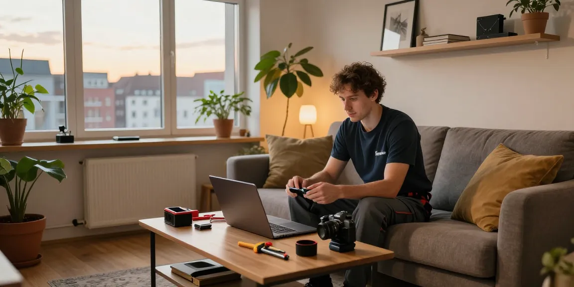 Monteurzimmer mieten Hannover – Gemütliches Wohnzimmer mit entspannter Atmosphäre und beruflichen Utensilien.