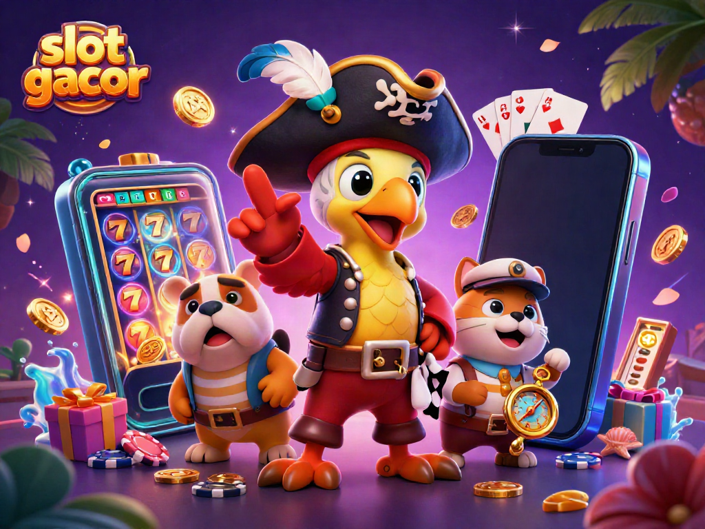 Slot gacor menang beruntun dengan gambaran karakter animasi kapal dan permainan slot yang berwarna-warni.