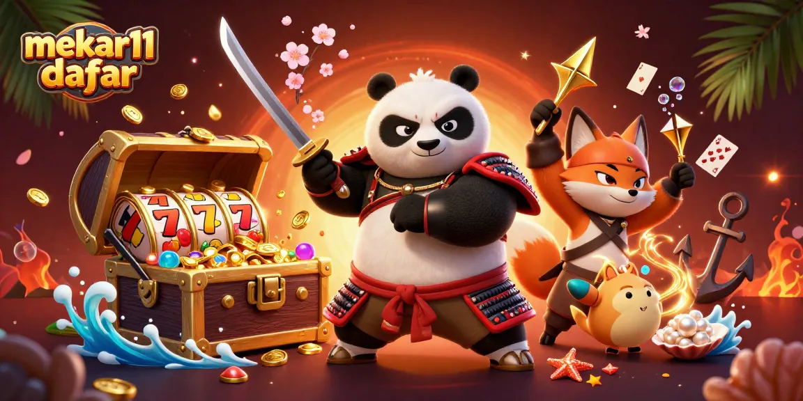 Engaging scene of a fierce samurai panda and ninja fox in a mekar11 daftar themed casino, showcasing slot reels.