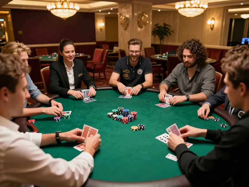Players at hb88 poker table making strategic bets in an upscale casino setting