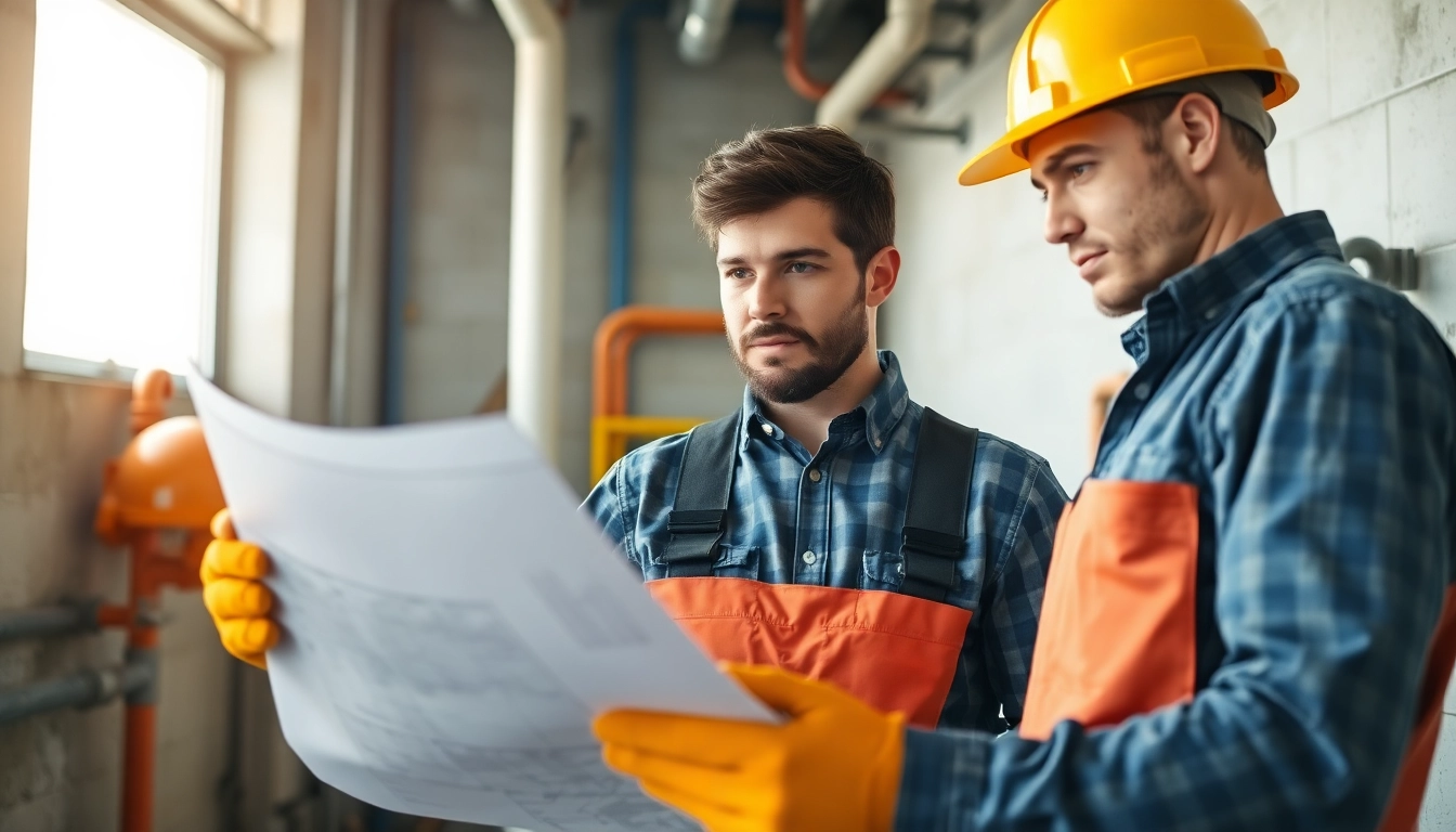 Engaged plumber studying blueprints in a plumbing apprenticeship environment.