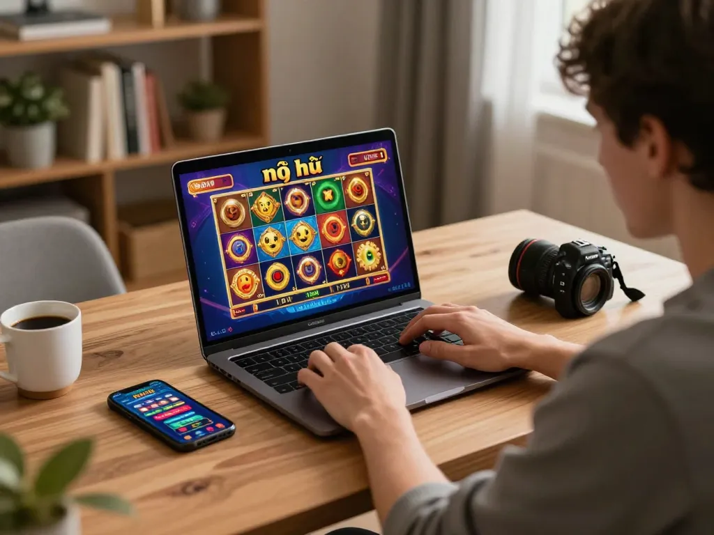 Player enjoying nổ hũ online at home, showcasing vibrant game graphics and casual atmosphere.