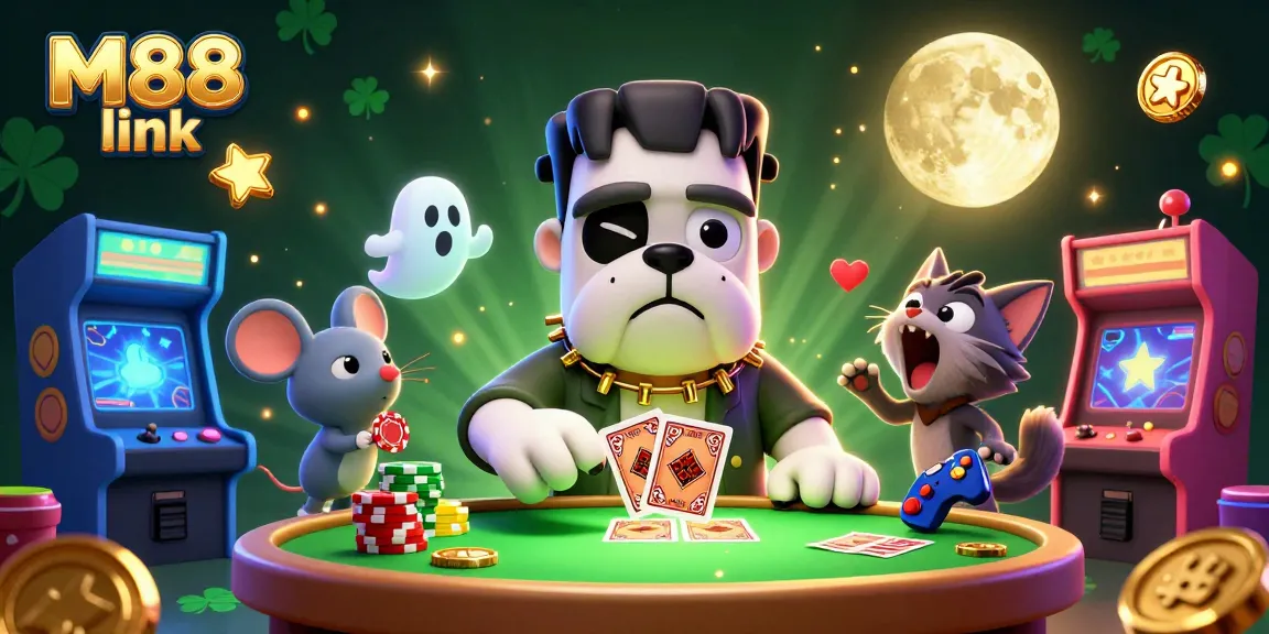 Engage with the exciting M88 link as unique characters bring casino gaming to life in a vibrant scene.
