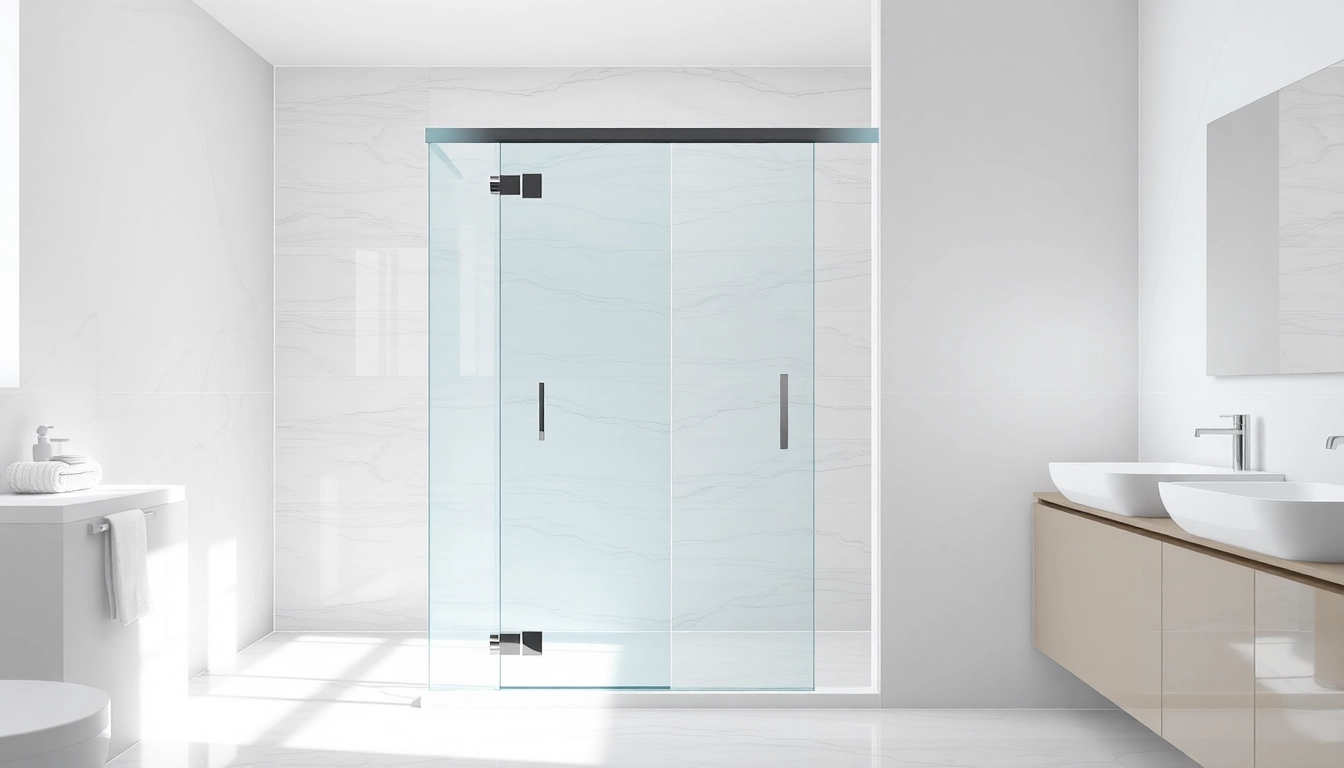 Explore a modern shower screen door showcased in an elegant bathroom setting.