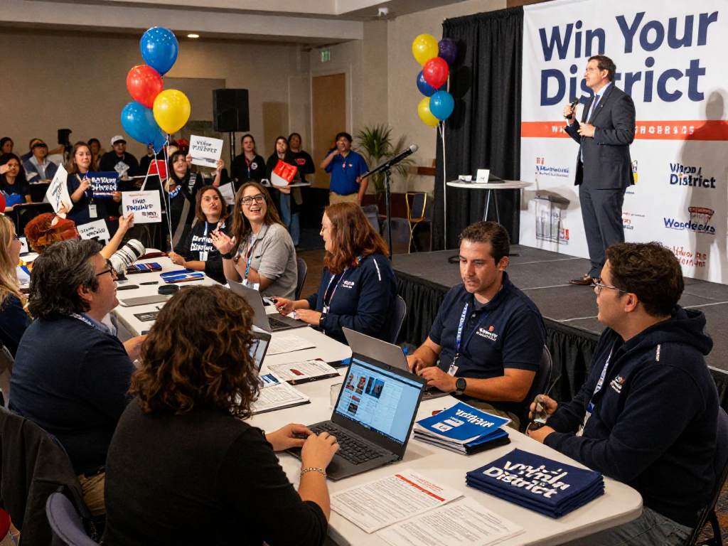Political media buying commission highlighted at a dynamic fundraising event with diverse audience engagement.