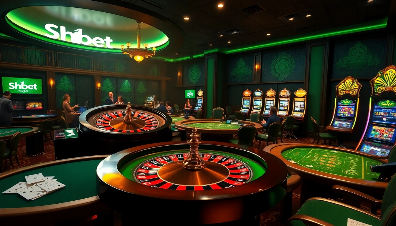 Experience thrilling gameplay at Shbet with luxurious casino tables and vibrant slot machines.