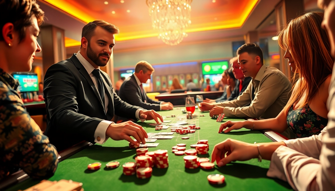 interwin official dealer serving players at a lively casino gaming table with colorful chips.
