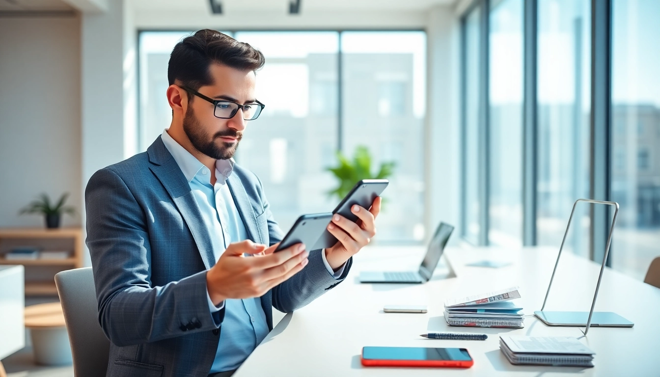 Engaged iPhone cash buyer evaluating device value in a modern office.