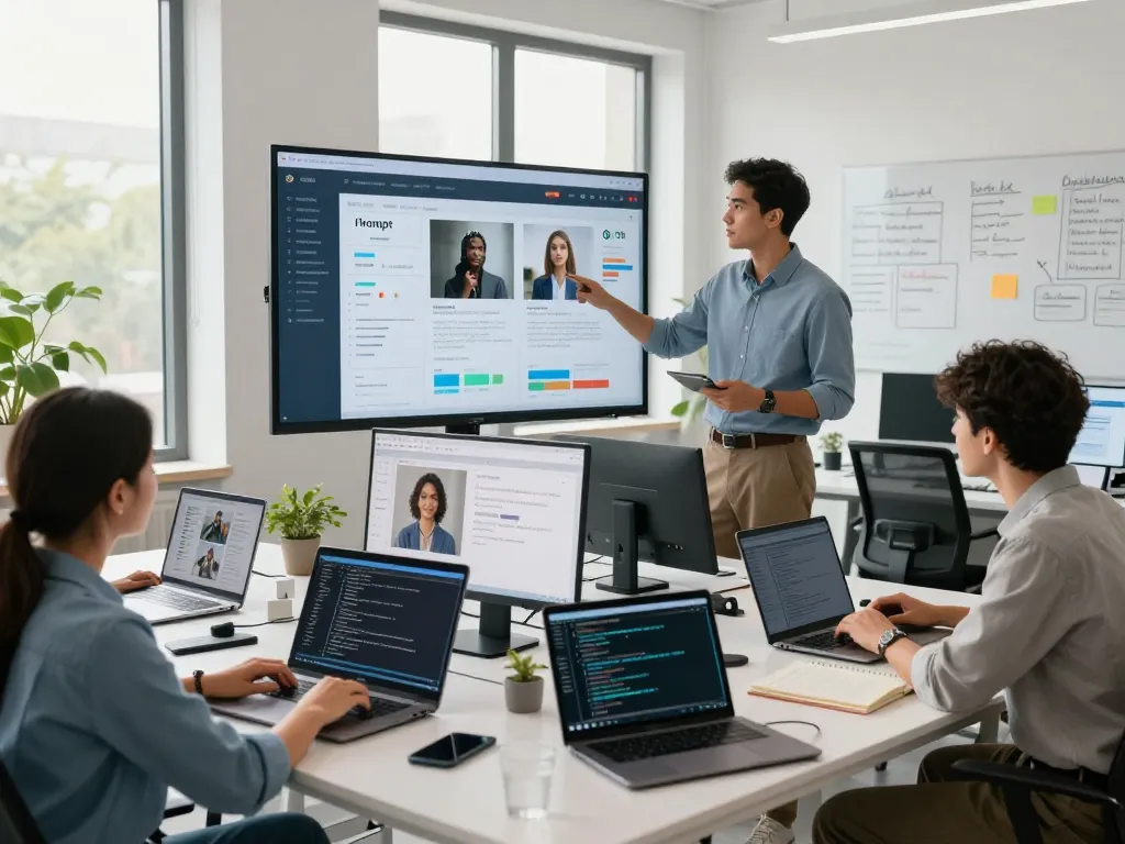 A collaborative workspace where professionals use image to prompt technology, with digital devices displaying AI-generated text prompts from images.
