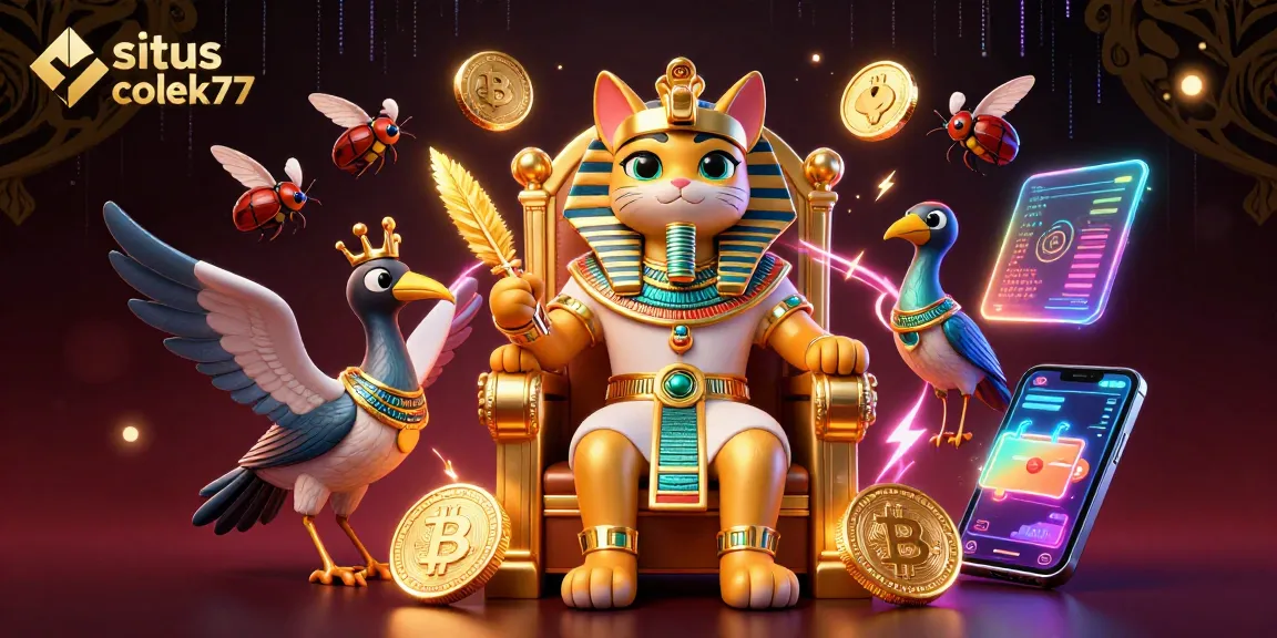 Engage with situs colek77's vibrant online casino experience featuring animated characters and crypto elements.