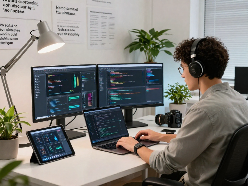 Dynamic tech workspace with AI development, showcasing coding and analytics.