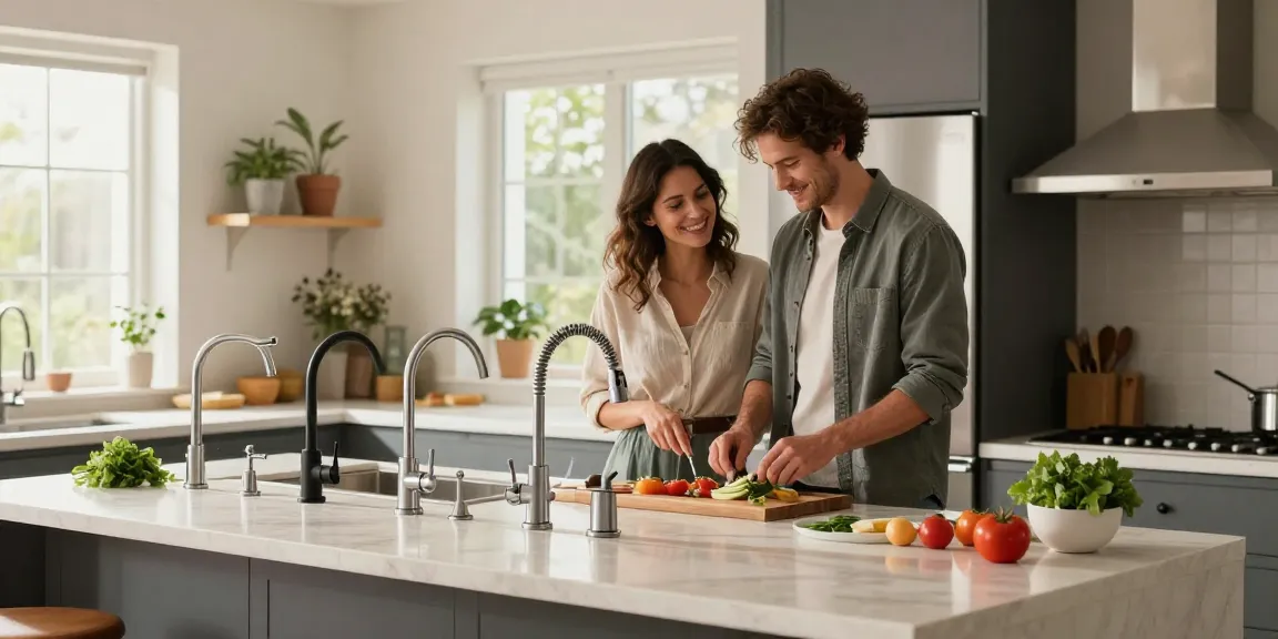 High-quality kitchen faucets in a modern kitchen scene with a couple cooking.