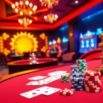 A brightly lit casino scene with poker chips, dice, and a roulette wheel representing KJC AC 3 gaming experience.