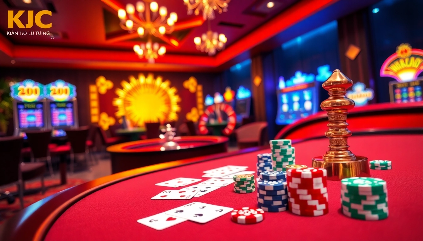 A brightly lit casino scene with poker chips, dice, and a roulette wheel representing KJC AC 3 gaming experience.