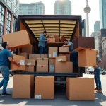 Toronto movers efficiently packing and loading items in a busy city setting.