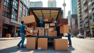 Toronto movers efficiently packing and loading items in a busy city setting.