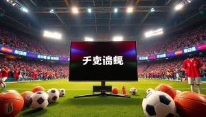 오징어티비 로고가 있는 현대적인 텔레비전과 스포츠 기념품들이 가득한 장면