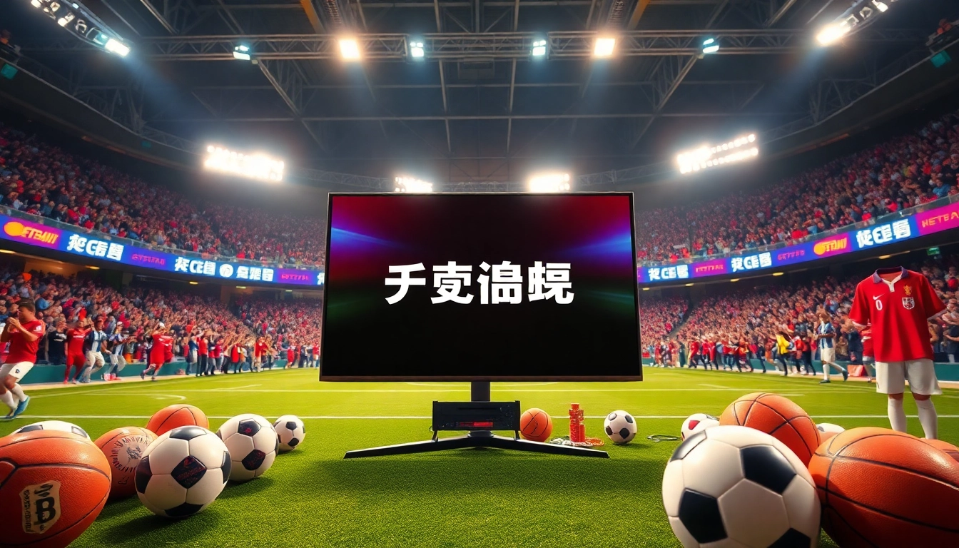 오징어티비 로고가 있는 현대적인 텔레비전과 스포츠 기념품들이 가득한 장면