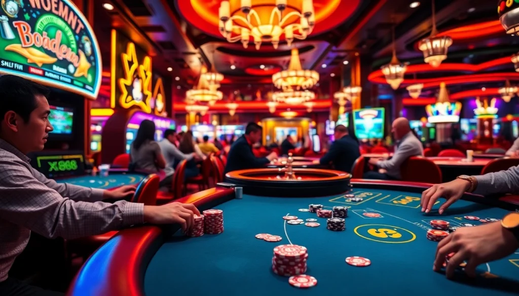 "Experience thrilling gameplay at https://xx88.boats/ with vibrant poker chips and intense players in a lively casino setting."