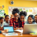 Students engaged in collaborative learning activities in an Education-focused classroom.