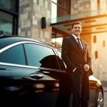 Experience Chauffeur Hire with a professional chauffeur and luxury vehicle at upscale hotel entrance.