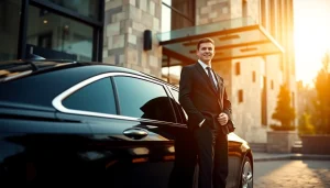 Experience Chauffeur Hire with a professional chauffeur and luxury vehicle at upscale hotel entrance.