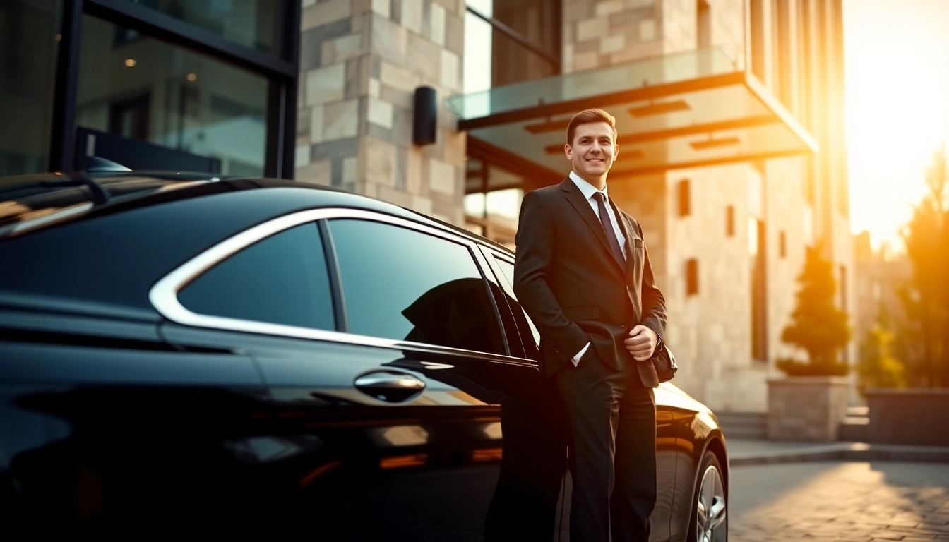 Experience Chauffeur Hire with a professional chauffeur and luxury vehicle at upscale hotel entrance.
