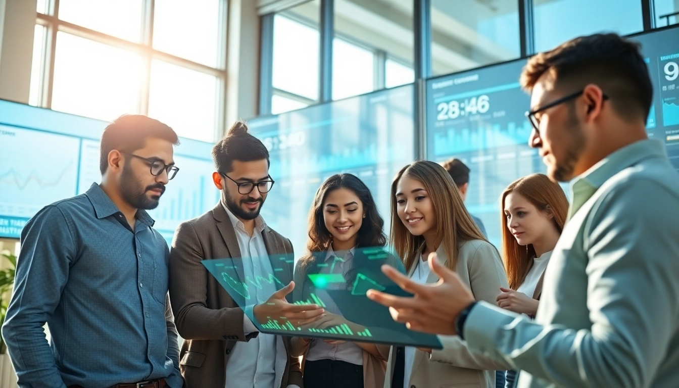 Technology collaboration in a bright modern workspace, showcasing diverse individuals engaged in teamwork.