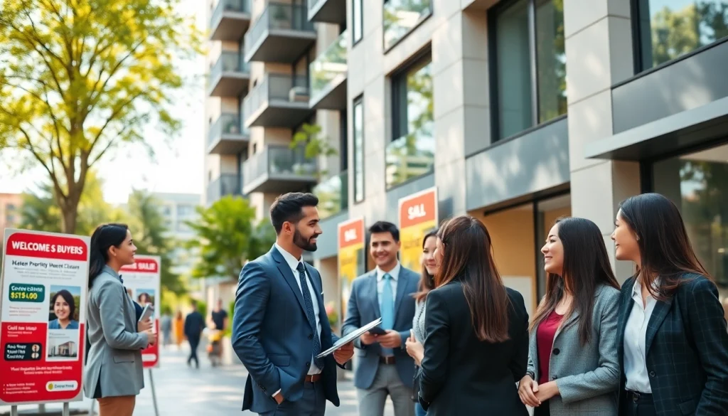 Real Estate agents assisting clients in a vibrant market scene with modern apartment listings.