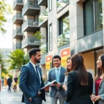 Real Estate agents assisting clients in a vibrant market scene with modern apartment listings.