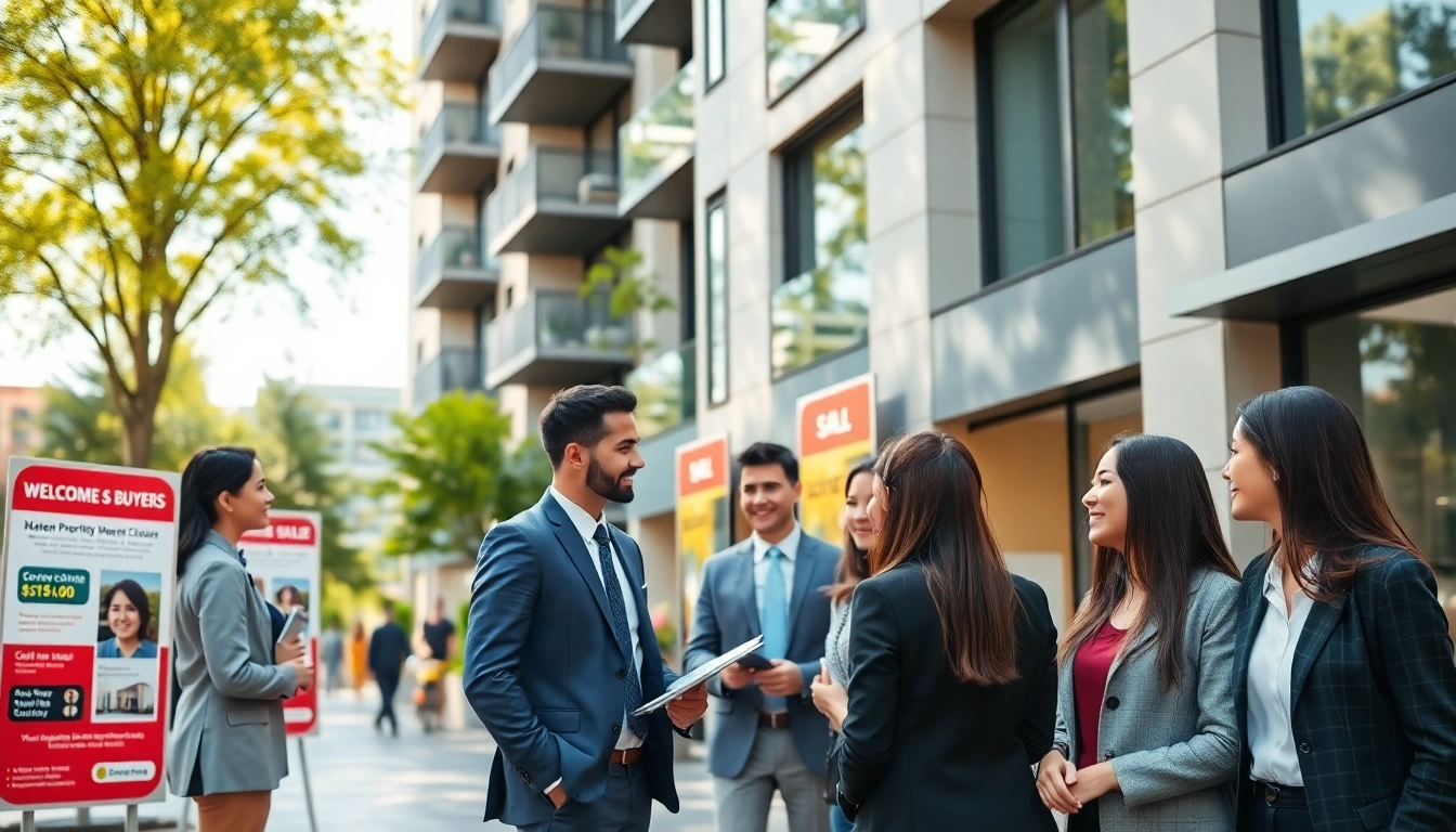 Real Estate agents assisting clients in a vibrant market scene with modern apartment listings.