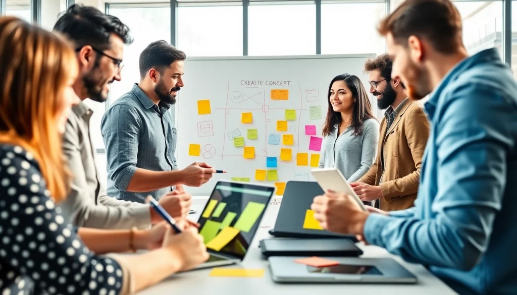 Engaging team collaboration for creative concept development in a vibrant workspace.